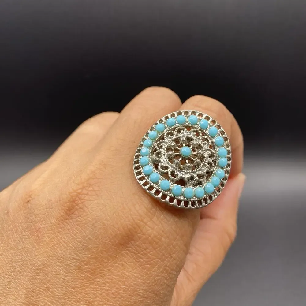 Silver-Tone Boho Beaded Stretch Ring Sz 8 w/ Dangling Beaded Earrings